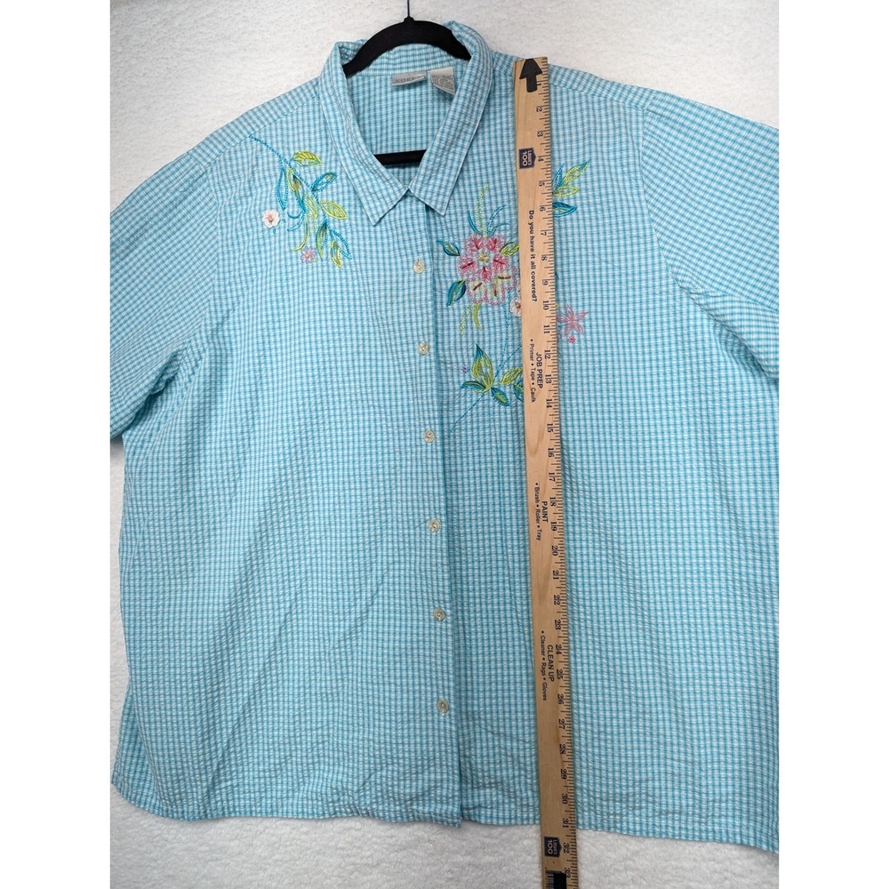 Koret Francisca Womens Turquoise Gingham Embroidered Floral Short Sleeve 28W - Picture 4 of 9